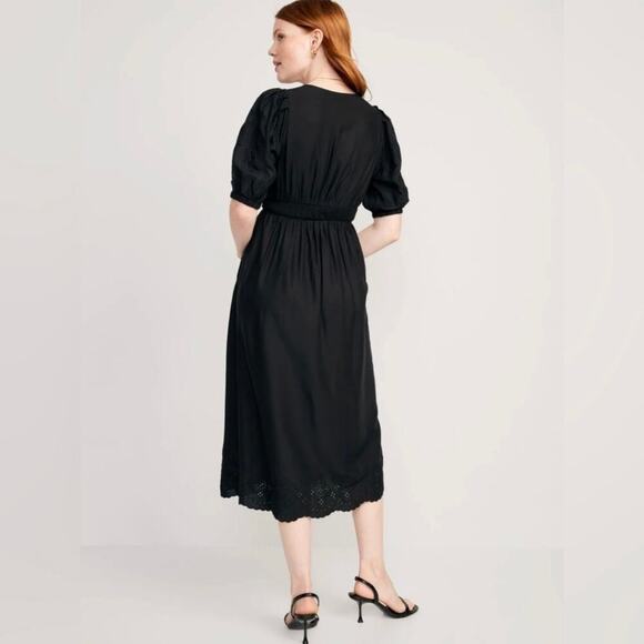 Old Navy Eyelet Puff Sleeve Midi Swing Dress Womens Large Black Prairie Romantic - Picture 2 of 11